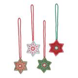 Festive Snowflakes,'Embroidered Wool Snowflake Ornaments from India (Set of 4)'