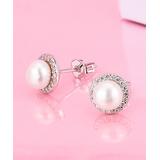 Amy and Annette Women's Earrings Silver - White Cultured Pearl & White Lab-Created Topaz Halo Stud Earrings