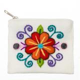 Floral Keeper in White,'Embroidered Floral White Alpaca Blend Coin Purse'