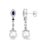 Belk & Co Women's 8.5 mm-9 mm Cultured Freshwater Pearl, 1/3 ct. t.w. Created Sapphire and 1/5 ct. t.w. Diamond Drop Earrings in 10k White Gold