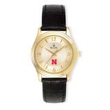 Women's Bulova Gold/Black Nebraska Huskers Stainless Steel Watch with Leather Band