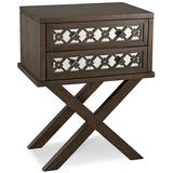 Favorite Finds Mirrored Diamond Filigree X Base Nightstand/Table w/ Two Drawers in Walnut