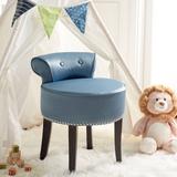 Winston Porter Vanity Solid Wood Vanity Stool Faux Leather/Wood/Upholstered/Leather in Green/Blue, Size 23.0 H x 19.0 D in | Wayfair