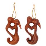 Wood ornaments, 'Kiss of Love' (pair)