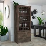 Wade Logan® Montenegro 10-Glass Bar Cabinet w/ 5 Cubbies, 3 Open Shelves, & Cabinet Space Wood in Brown, Size 69.0 H x 14.3 D in | Wayfair