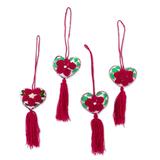 Cotton-embroidered wool ornaments, 'Cherry Tree Hearts' (set of 4)