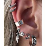 BeSheek Women's Earrings - Silvertone Sun & Moon Ear Cuff & Huggie Earring Set