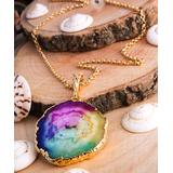 Handmade Art Women's Necklaces Mix - Rainbow Quartz & Goldtone Pendant Necklace
