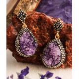 Handmade Art Women's Earrings Purple - Amethyst & Hematite Pave Halo Drop Earrings