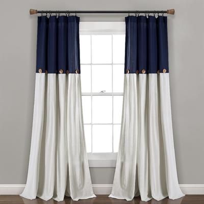 Linen Button Window Curtain Panels Single Navy/Linen 40X95 - Lush Decor 16T004044