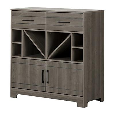 South Shore Vietti Bar Cabinet with Liquor and Wine Bottle Storage with Drawers, Gray Maple with Met