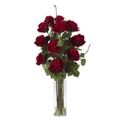 Nearly Natural 1206 Roses with Cylinder Vase Silk Flower Arrangement, Red