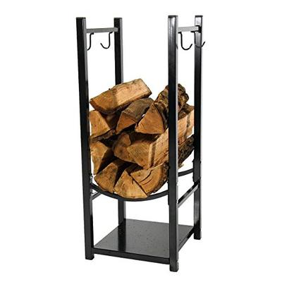 Sunnydaze Firewood Log Rack with Tool Holders, Indoor or Outdoor Wood Storage, Black