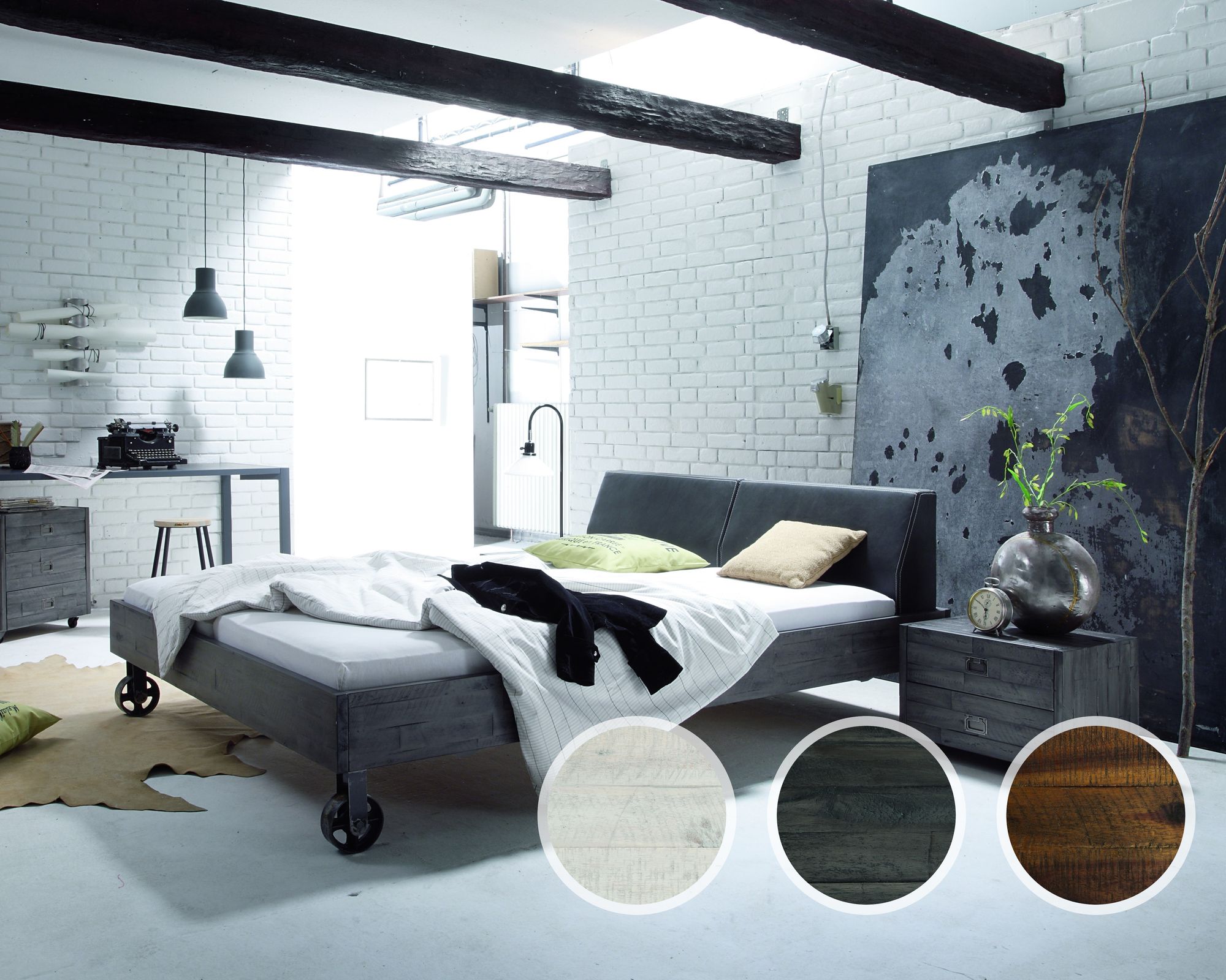 Hasena Factory-Line Massivholzbett Loft Rena/Road 100x200 cm / Akazie Vintage grau