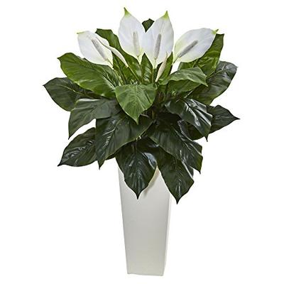 Nearly Natural Artificial 3' Spathiphyllum Plant in White Tower Planter Green