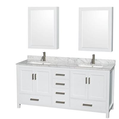 Wyndham Collection Sheffield 72 inch Double Bathroom Vanity in White, White Carrara Marble Counterto