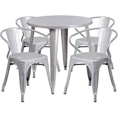Flash Furniture CH-51090TH-4-18ARM-SIL-GG 30'' Round Metal Indoor-Outdoor Table Set with 4 Arm Chair
