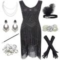 8IGHTEEN COSTUME 1920s Gatsby Fringed Paisley Plus Size Flapper Dress with 20s Accessories Set (XL, Black)