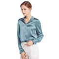 LilySilk Women's 100 Charmeuse Silk Blouse for Lady Long Sleeve Top 22 Momme Pure Silk (M/12, Blue-Haze)
