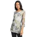 Roman Originals Women Lace Trim Mesh Overlay Leaf Abstract Print Top - Ladies Spring Summer Holiday Casual Travel Packing Net Layer Round Neck 3/4 Sleeve Tops - Khaki - Size 10