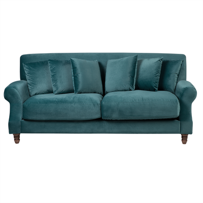 2-Sitzer Sofa Blaugrün Samtbezug mit Mehreren Kissen Holzbeine Dicke Sitzkissen Freistellbar Modern Retro Design Wohnzim