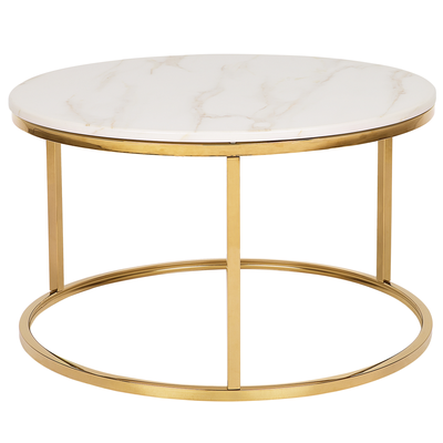 Couchtisch Beige mit Gold Stahlbeinen Poliert Marmor Optik Tischplatte Glänzend Rund Modern