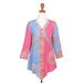 'Pink and Blue Hand Batik Textured Rayon Flowing V-Neck Tunic'