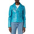 Ladies Women Vintage Style Soft Washed Real Leather Biker Jacket Slim Fit Size [Frozen Blue,XL-14]