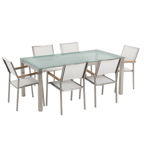 Gartenmöbel Set Weiß Sicherheitsglas Edelstahl Tisch 180 cm 6 Stühle Terrasse Outdoor Modern