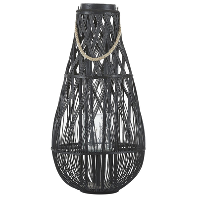 Laterne Schwarz 39 x 75 cm Glas mit Holz Kerzenhalter Dekorativ Gebogene Form Modern