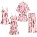 Danfiki Women Pyjama Set Sleepwear Girls Ladies Nightwear Silk Satin Pajamas Lace Floral Nighties 5Pcs Robe Dressing Gown Nightdress with Chest Pad Rose Pink