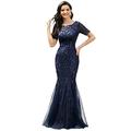 Ever-Pretty Women's Floor Length Elegant Short Sleeve Tulle with Sequin Fishtail Mermaid Prom Dress Navy Blue 20UK