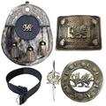 Kilt Belt with Buckle Scottish Kilts Sporran with Badge Style Welsh Dragon/Kilt Pin/Fly Plaid Brooch 5 piece Set (L)