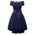 Bright Deer Women Lace Scallop Bardot Dip Hem Midi Dress Short Evening Party Bridesmaid Cocktail Celebrity Races Elegant Occasion Wear 10 L Navy Blue