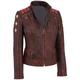 Fashion_First Womens Vintage Cafe Racer Punk Star Motorcycle Distressed Maroon Leather Jacket