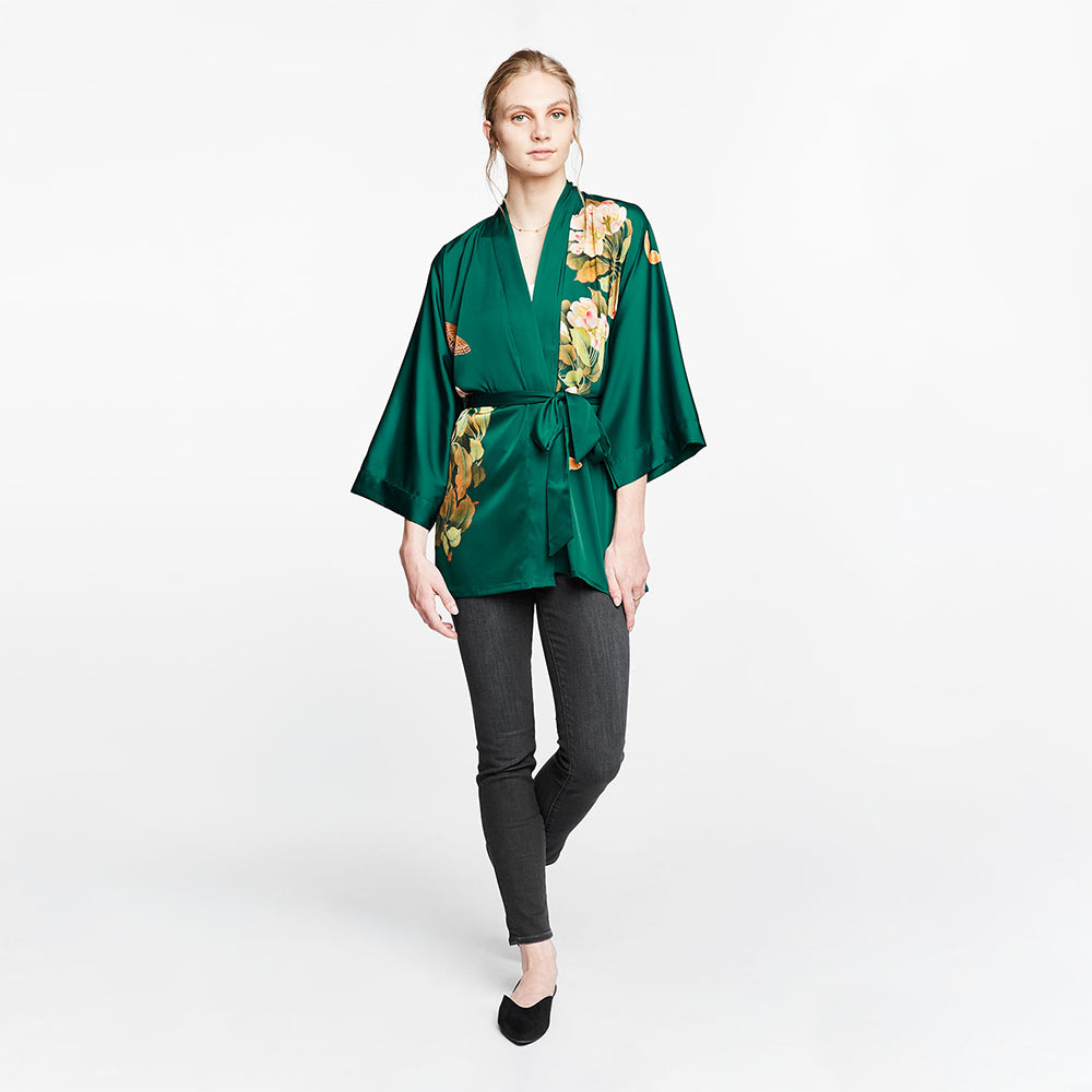 KIM+ONO Kimono Robe | Peony & Butterfly Kimono Jacket | Polyester Charmeuse | Emerald | Short