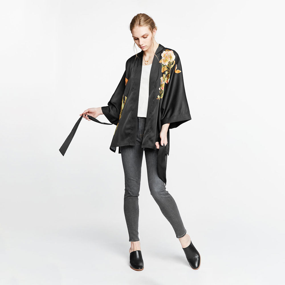 KIM+ONO Kimono Robe | Peony & Butterfly Kimono Jacket | Polyester Charmeuse | Black | Short