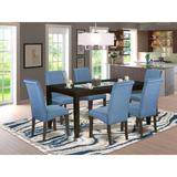 Red Barrel Studio® Paras 7 - Piece Extendable Solid Wood Rubberwood Dining Set Wood/Upholstered in Brown | Wayfair B2626D8CA21B4757A1111345A8E71585