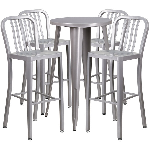 Flash Furniture CH-51080BH-4-30VRT-SIL-GG 24" Round Silver Metal Indoor / Outdoor Bar Height Table with 4 Vertical Slat Back Stools