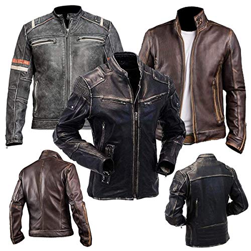 E-Genius MC Vintage Retro 2nd Edition Cafe Racer Distressed Black and Plain Black Biker Genuine Leather Jacket (XX-Small, Distressed Black)