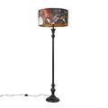 Qazqa - Floor Lamp Black with 50cm Velvet Floral Shade - Classico- - Classic I Antique - Suitable for LED E27 | 1 Light - Fabric Floor lamp - Suitable for Living Room I Bedroom I