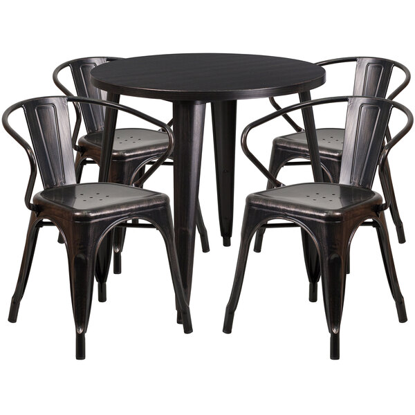 "Flash Furniture CH-51090TH-4-18ARM-BQ-GG 30"" Round Black-Antique Gold Metal Indoor / Outdoor Table with 4 Arm Chairs"