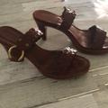 Coach Shoes | Coach Brown Heeled Sandals Gold Buckle 8.5b | Color: Brown | Size: 8.5