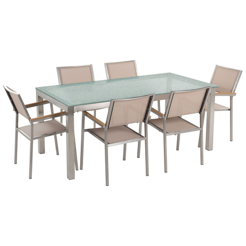 Gartenmöbel Set Beige Sicherheitsglas Edelstahl Tisch 180 cm 6 Stühle Terrasse Outdoor Modern