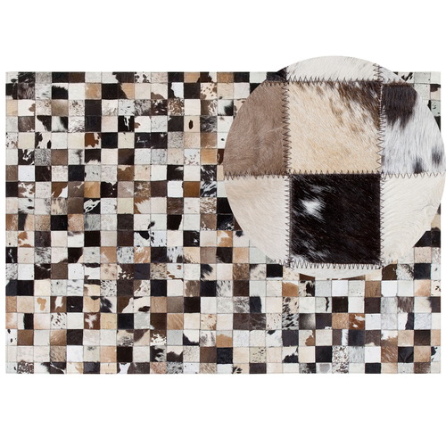 Teppich Weiß Beige Braun Schwarz Grau Echtleder 160 x 230 cm Kurzflor Patchwork Handgefertigt Rechteckig