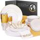 Earth’s Dream Disposable Dinnerware Set for Christmas: 100 Gold Plastic Plates Set for Party (25 Dinner, 25 Salad, 25 Soup, 25 Dessert), 125 Gold Silverware, 25 Cups, 50 Napkins, Table Runner