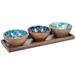 Gerson 94585 - 4 Pc set, 18"L x 6"W x 3"H Mango Wood, 3 Dip Bowls on Tray, Ocean Pattern Kitchen Dining Serving