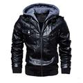 Volwassan Mens PU Faux Leather Jacket with Hood Casual Motorcycle Bomber Jacket Vintage Biker Leather Hoodie Winter Fleece Jacket, Black, L