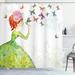 East Urban Home Fashion House Lady in Green Dress w/ Leaf Ornamentals Flower Pastel Butterfly Shower Curtain Set Polyester | 75 H x 69 W in | Wayfair