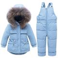 FAIRYRAIN Baby Kids Girls Boys Winter Warm 2pcs Hooded Fur Trim Zipper Pocket Snowsuit Puffer Down Jacket with Snow Ski Bib Pants Outfits Blue